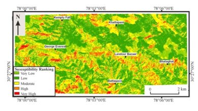 Landslide susceptible map of the Mussoorie Township and its surrounding areas